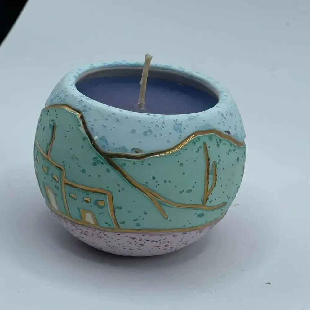 Handcrafted ceramic candle Southwestern landscape theme 22K gold accents